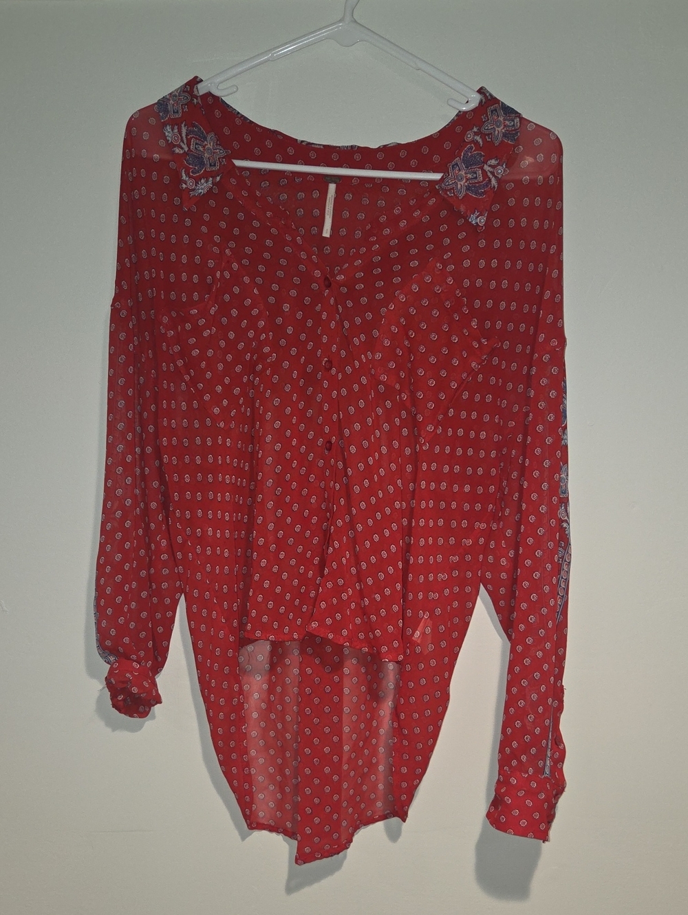 Free People Red Printed Long-Sleeve Tunic Blouse